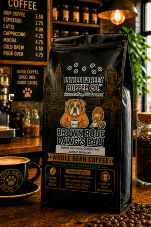 Brown Rude Dawg's Bali Whole Bean Coffee | Medium Roast | Chocolate, Orange Peel & Molasses | 2 lb Bag - Little Farley Coffee Co.