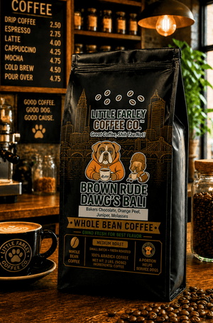 Brown Rude Dawg's Bali Whole Bean Coffee | Medium Roast | Chocolate, Orange Peel & Molasses | 2 lb Bag - Little Farley Coffee Co.
