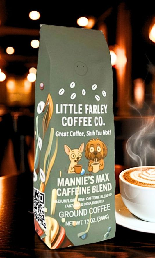 Mannie’s Max Caffeine Blend – High Caffeine Medium-Light Ground Coffee (12oz)