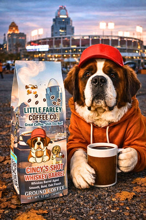 Cincy’s Shot Whiskey Barrel – Whiskey - Aged Ground Coffee (12 oz) - Little Farley Coffee Co.