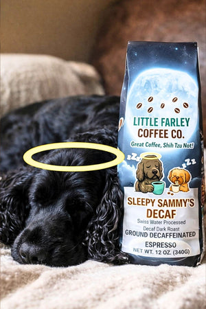 Sleepy Sammy’s Decaf – Swiss Water® Process Dark Roast Ground Espresso (12oz) - Little Farley Coffee Co.