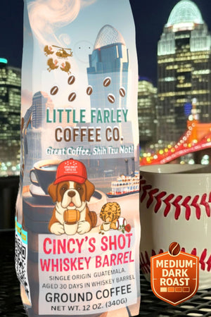 Cincy’s Shot Whiskey Barrel – Whiskey - Aged Ground Coffee (12 oz) - Little Farley Coffee Co.