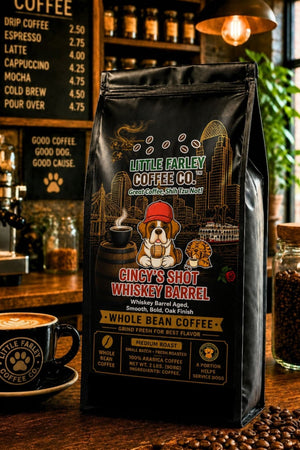 Cincy's Shot Whiskey Barrel Whole Bean Coffee | Whiskey Barrel Aged Medium Roast | 2 lb Bag | Little Farley Coffee Co. - Little Farley Coffee Co.
