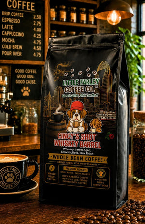 Cincy's Shot Whiskey Barrel Whole Bean Coffee | Whiskey Barrel Aged Medium Roast | 2 lb Bag | Little Farley Coffee Co. - Little Farley Coffee Co.